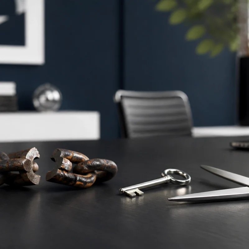 Rusty chain with a broken link, a vintage key, and a pair of scissors on a dark office desk with a blurred background.