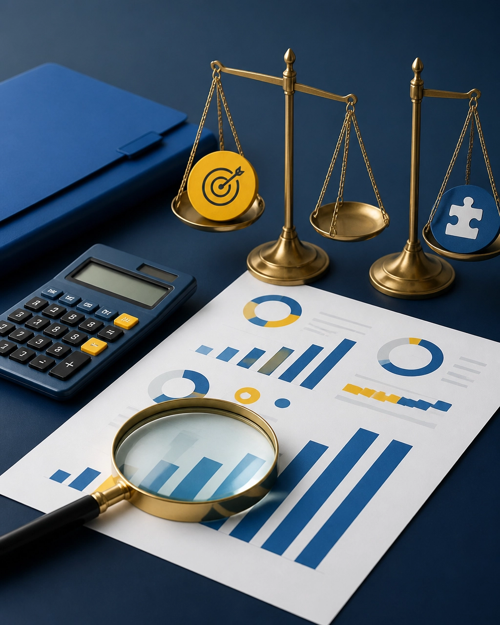 Franchise development agency unit economics review shown with a calculator, abstract financial worksheet, magnifying glass, and balanced scales