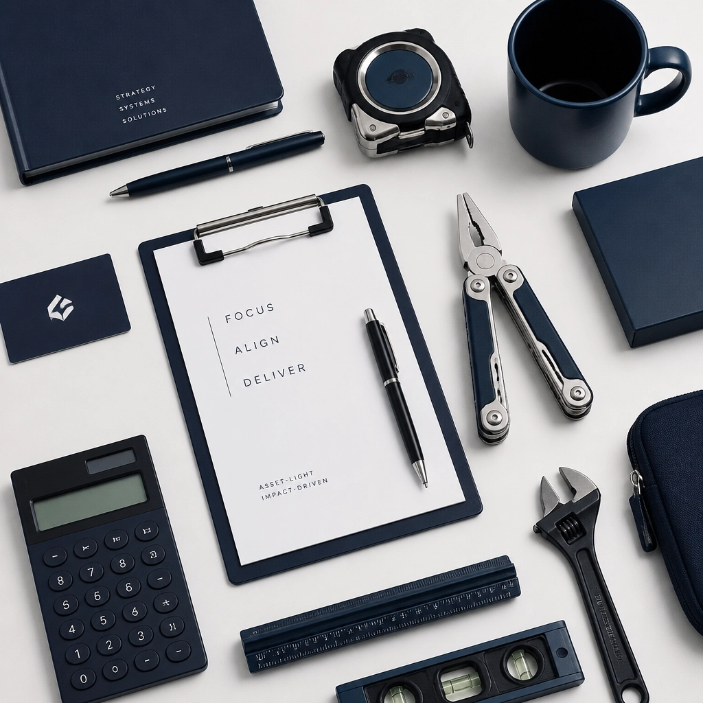 Sleek professional tools neatly arranged on a clean white surface representing asset-light service models
