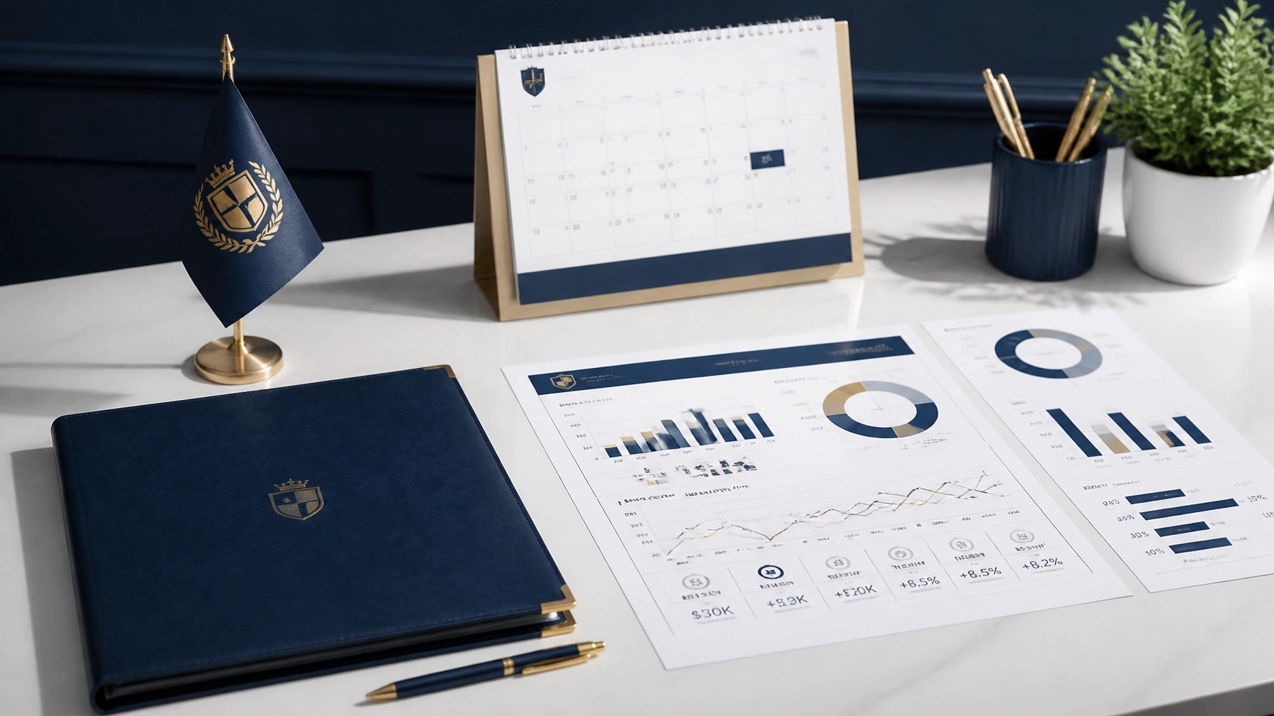 Executive weekly reporting scene for a franchise development agency with a navy folder, printed dashboard charts, a desk calendar, and a small gold flag on a desk