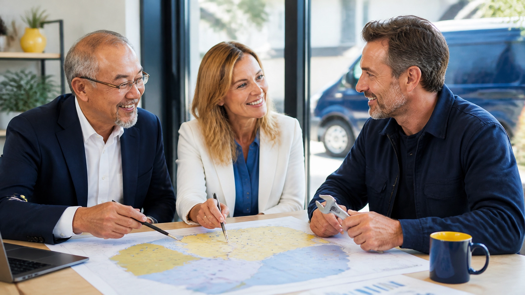 Service-business owner and franchise development advisors reviewing a territory growth plan together