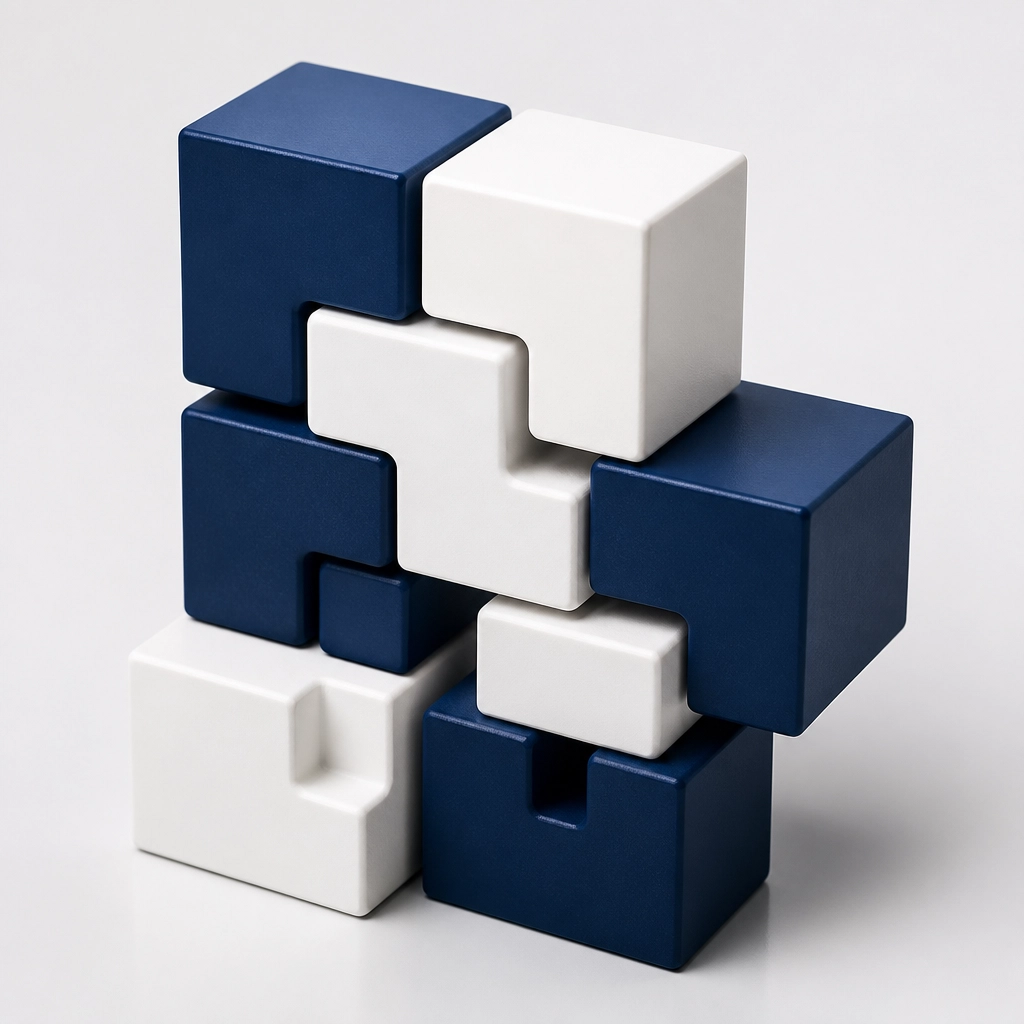 Interlocking modular blocks symbolizing flexible month-to-month franchise development agency partnerships