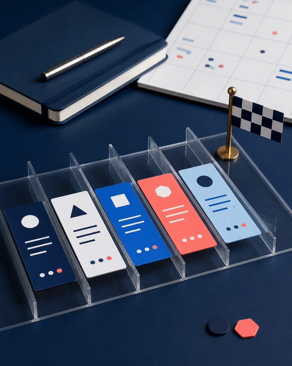 Franchise development agency CRM pipeline represented by colorful cards moving toward a finish flag