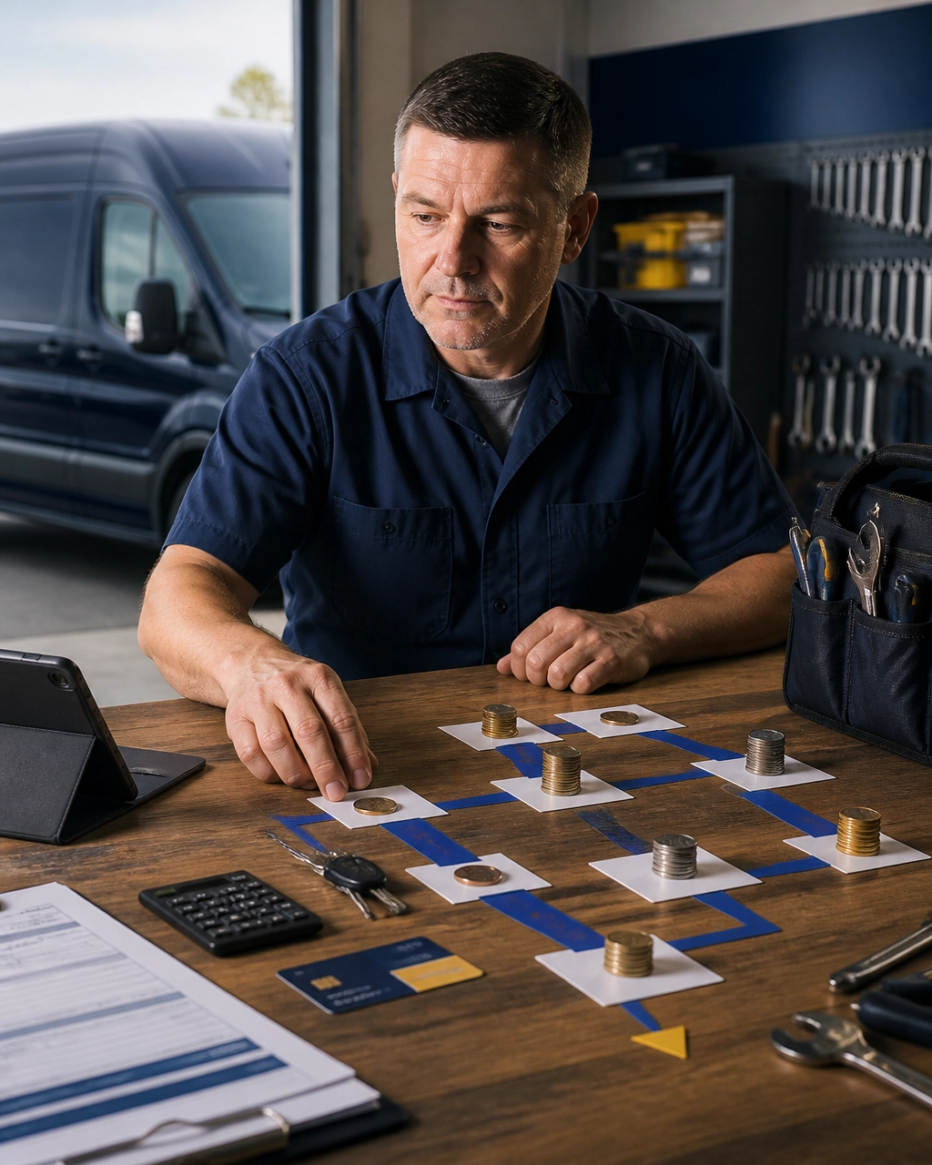 Service franchise unit economics represented through organized tools, job cards, and financial planning