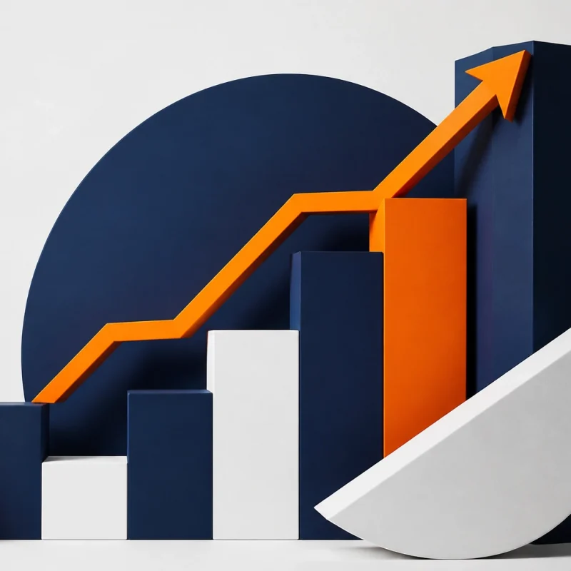 Abstract 3D bar chart with navy, white, and orange blocks and an orange arrow rising upward to indicate growth.
