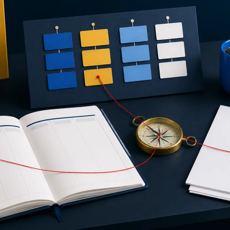 Open planner with a red string bookmark on a dark desk, a brass compass nearby, and blank notebook pages.