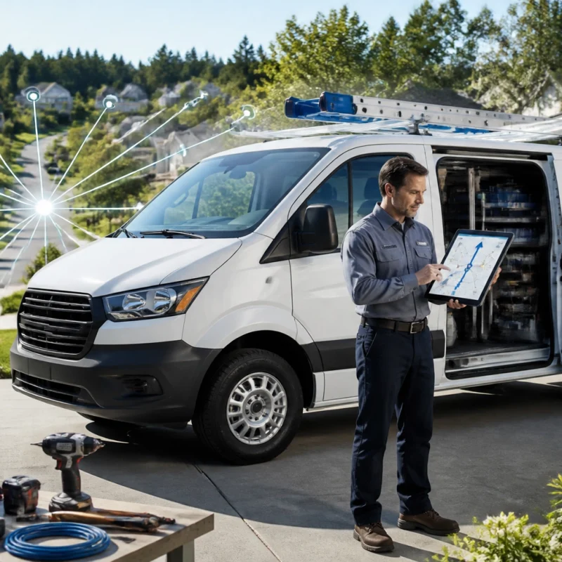 Service technician with a tablet stands beside a van, outlining a home network for a smart-home installation in a suburban driveway.