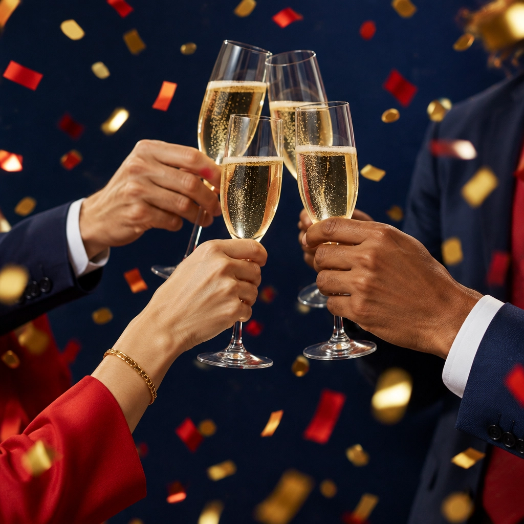 Champagne toast with red and navy accents at a premium franchise growth celebration