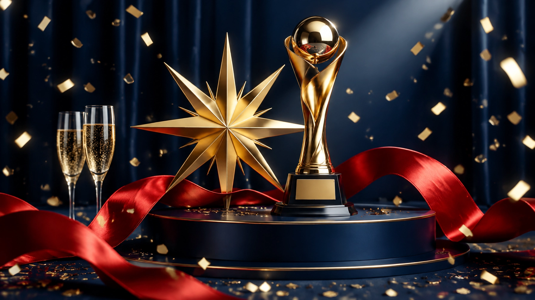Gold trophy and red ribbon on a navy stage surrounded by festive confetti
