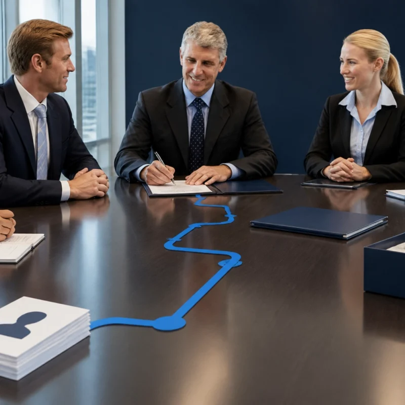 Five professionals sit around a conference table as the man in the center signs a document, others smiling and watching; a blue connected-line diagram runs across the table.