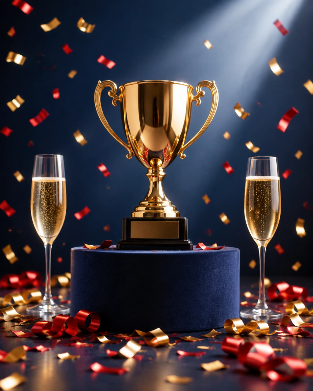 Gold trophy, champagne, and confetti celebrating FranLift franchise sales outsourcing recognition