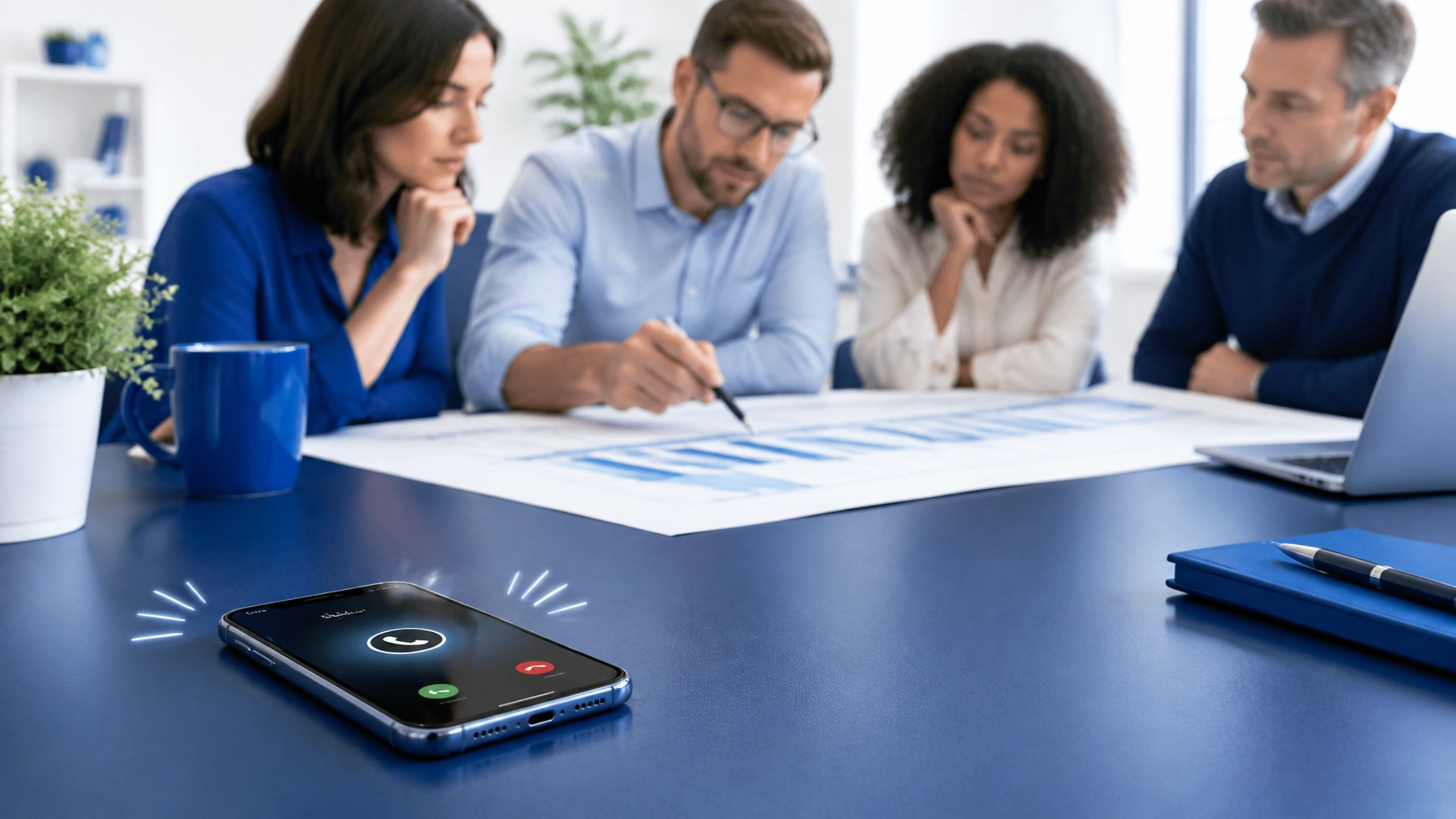 A ringing smartphone ignored while professionals study a spreadsheet