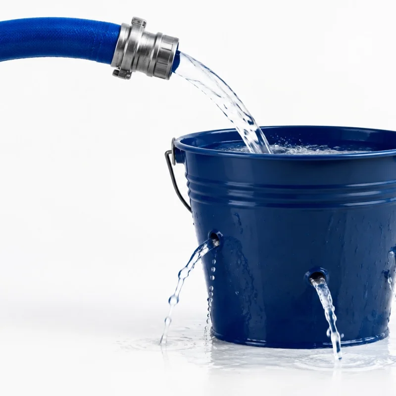 Blue hose pouring water into a blue bucket, water splashing over the rim against a white background, ready to fill.