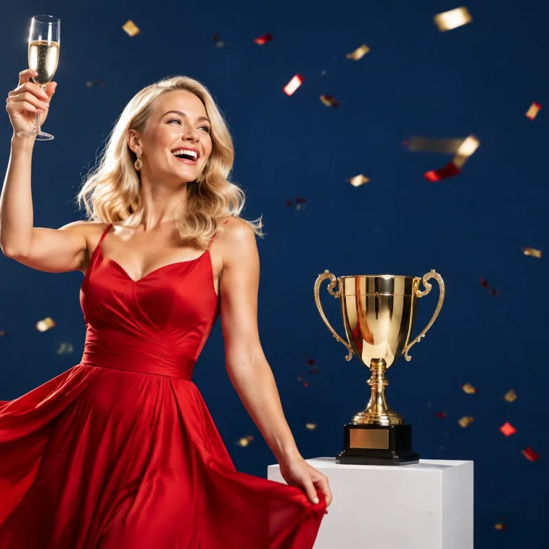 Woman in a red dress raises a champagne glass beside a gold trophy amid falling confetti, celebrating victory.